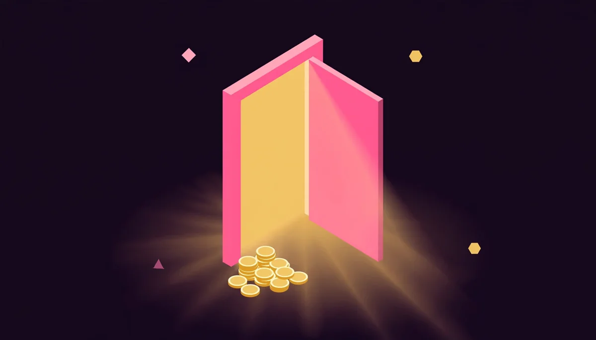 Open door with golden light above a small pile of gold coins