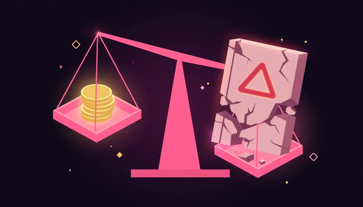 Balance scale weighing gold coins against a cracked rulebook with a warning triangle