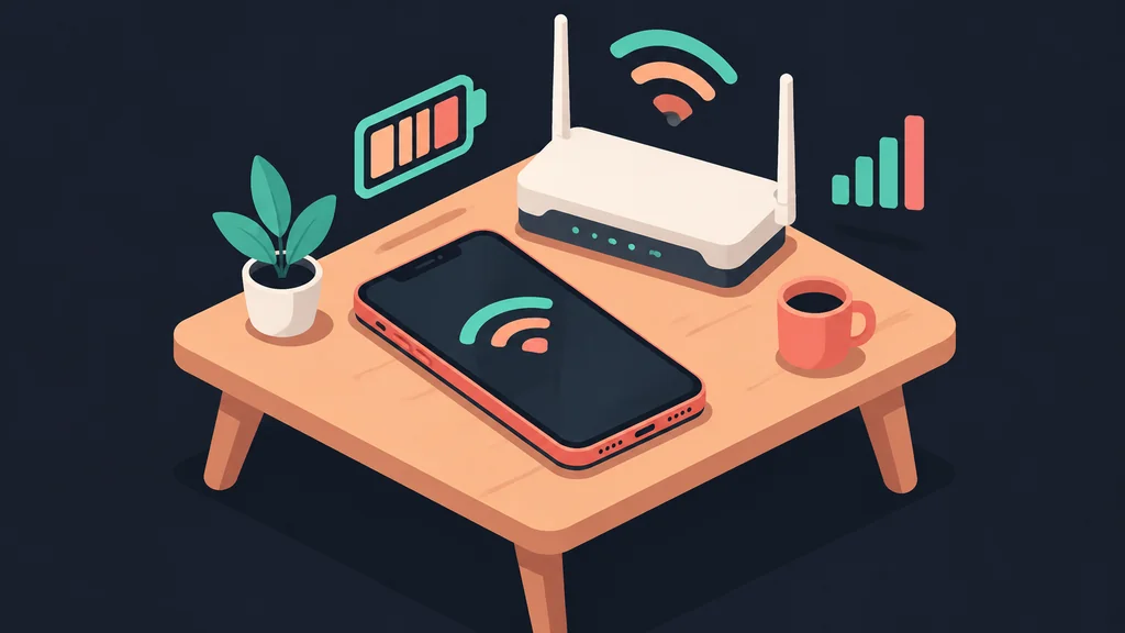 Flat isometric phone with router and signal icons