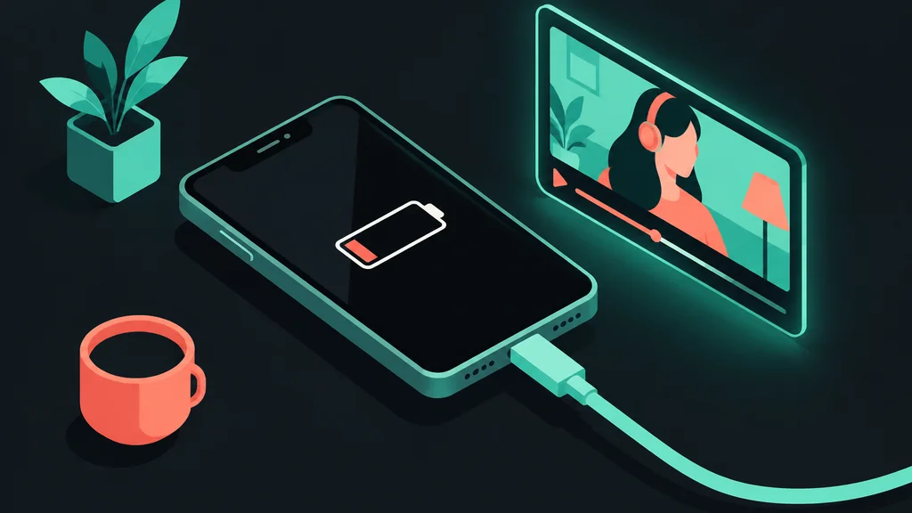 Smartphone with charging cable and low battery icon.